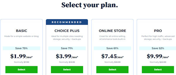 bluehost plan selection